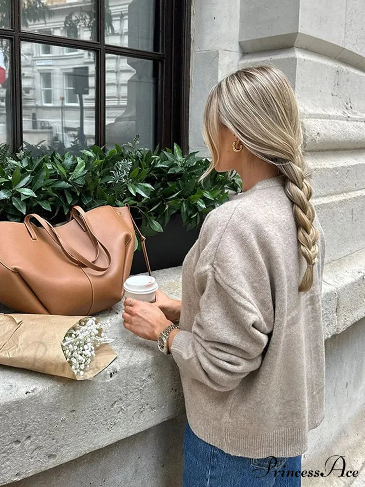 Round-neck Tan Single Buttoned Cardigan cardigans-241228