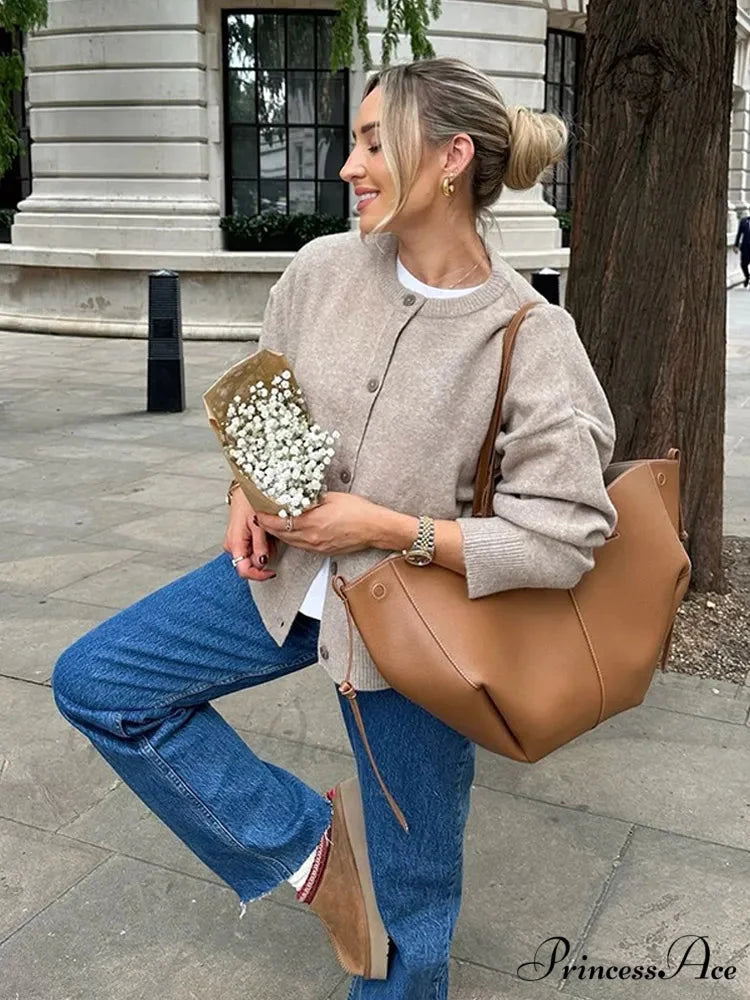 Round-neck Tan Single Buttoned Cardigan cardigans-241228