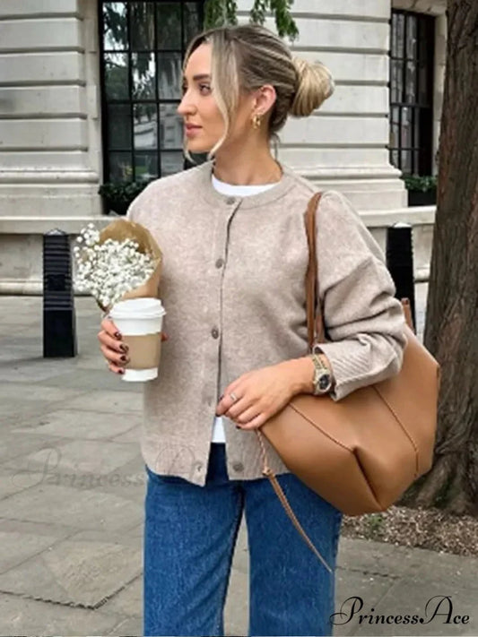 Round-neck Tan Single Buttoned Cardigan Light brown / S cardigans-241228