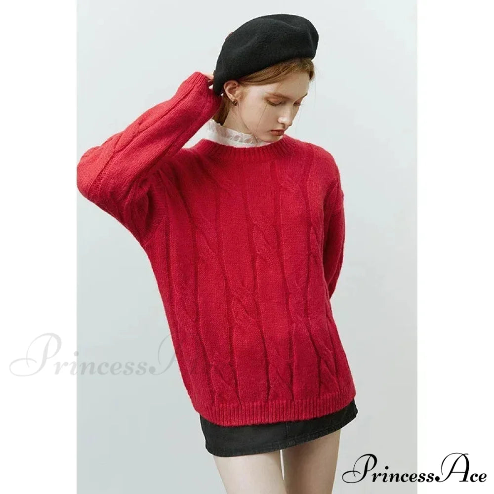 Round Neck Twisted Mohair Casual Solid Full Sleeve Christmas Sweater Red / XS