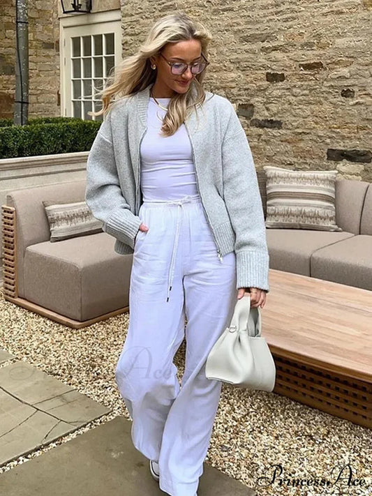 Round-neck Zipper Baggy Knit Cardigan cardigans-241228