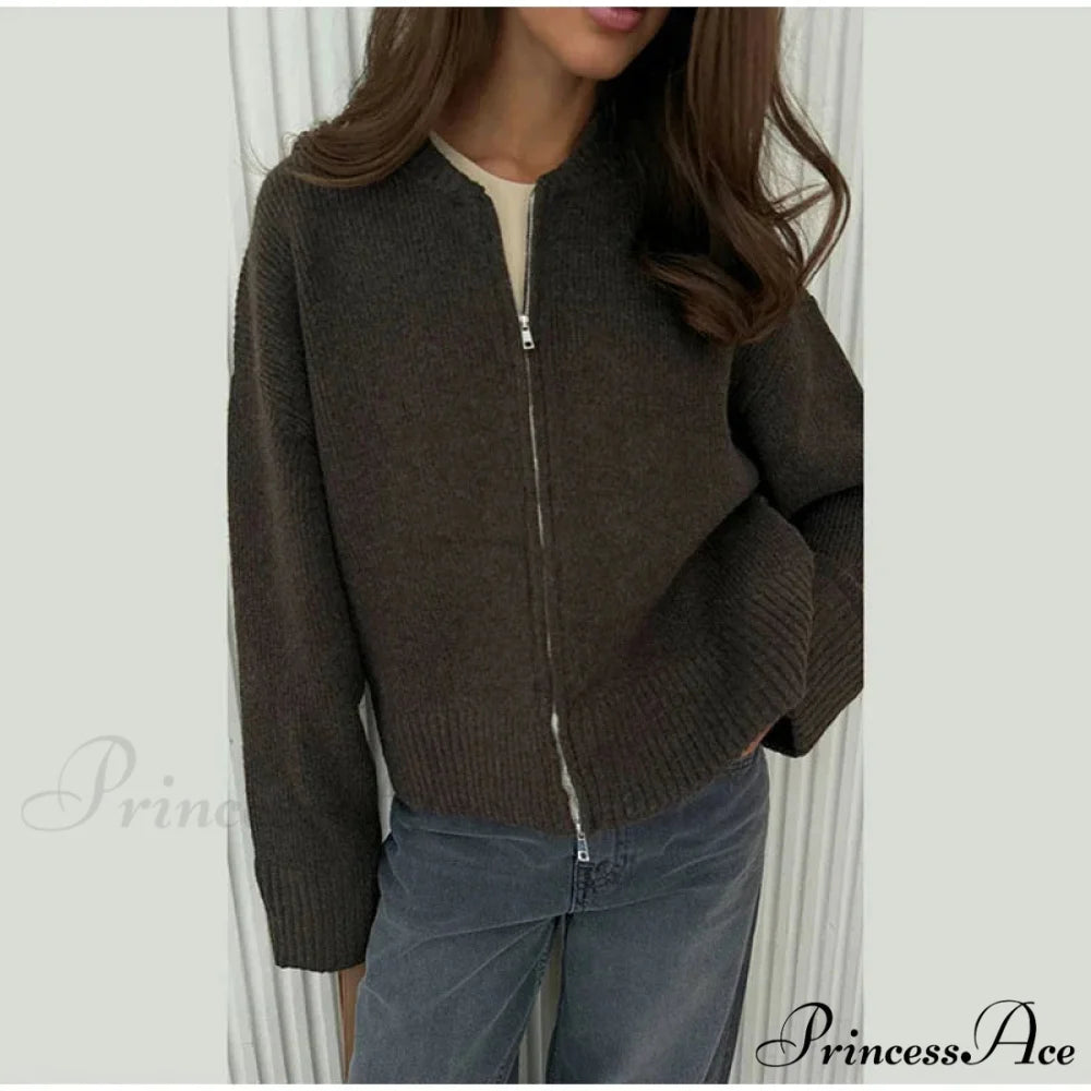 Round-neck Zipper Baggy Knit Cardigan dark brown / S cardigans-241228