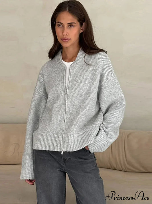 Round-neck Zipper Baggy Knit Cardigan Grey / S cardigans-241228