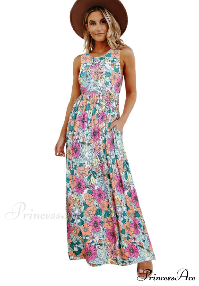 Round Patterned Flowered High Waist Neck Dress