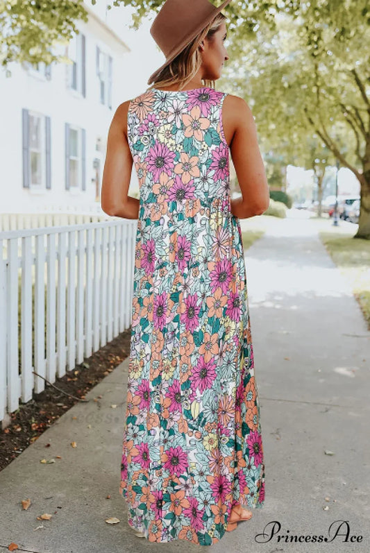 Round Patterned Flowered High Waist Neck Dress