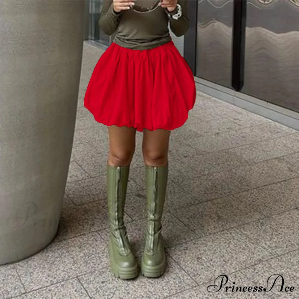 Round Puffball Stretchy Skirt Red / S skirts-250223