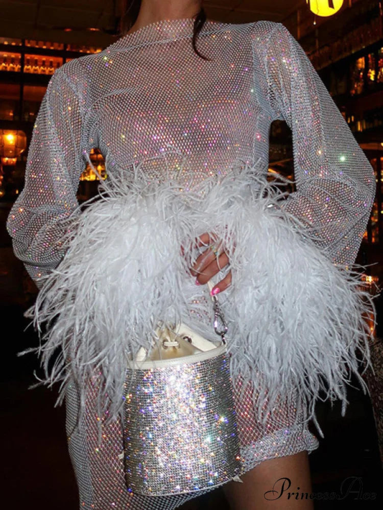 Round Splicing Neck Furry Hollow Mesh Glitter Arm Women’s See-through Long Dress