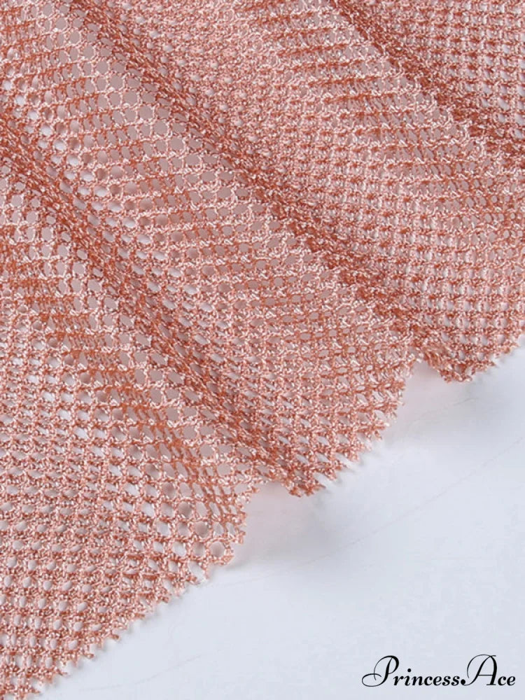 Round Splicing Neck Furry Hollow Mesh Glitter Arm Women’s See-through Long Dress