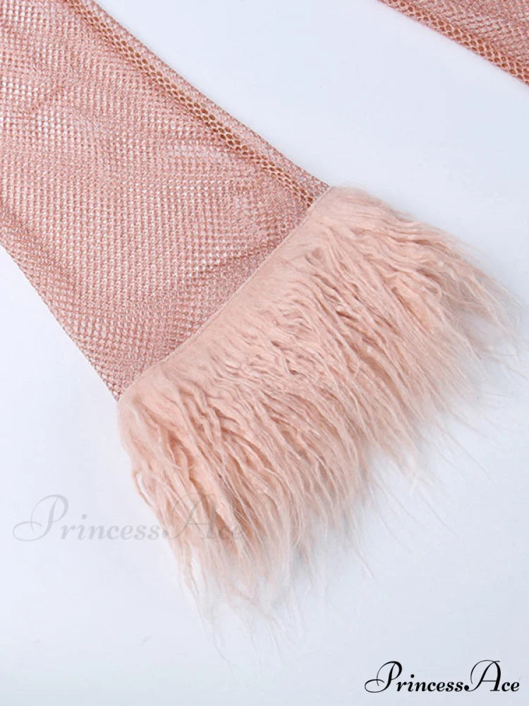 Round Splicing Neck Furry Hollow Mesh Glitter Arm Women’s See-through Long Dress