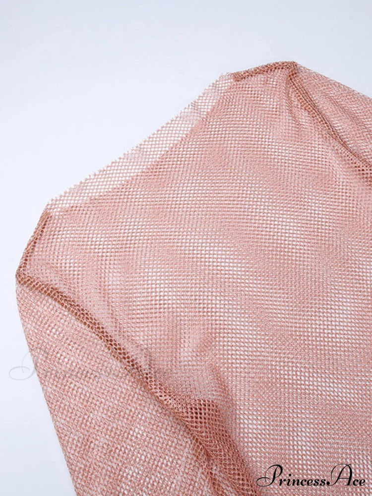 Round Splicing Neck Furry Hollow Mesh Glitter Arm Women’s See-through Long Dress