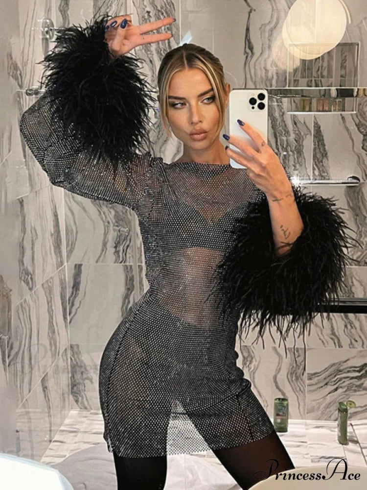 Round Splicing Neck Furry Hollow Mesh Glitter Arm Women’s See-through Long Dress Black / S
