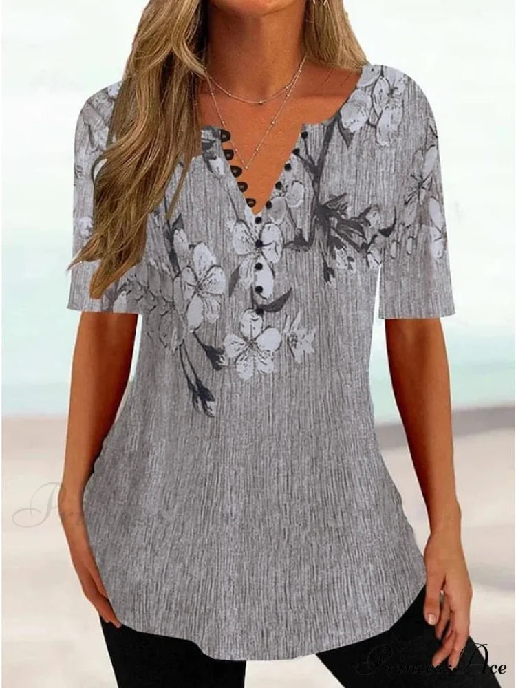 Round Yellow Button Brief Tee Arm Women’s Weekend shirt Basic Neck Festive Regular Design Tunic Flowered Pink White T