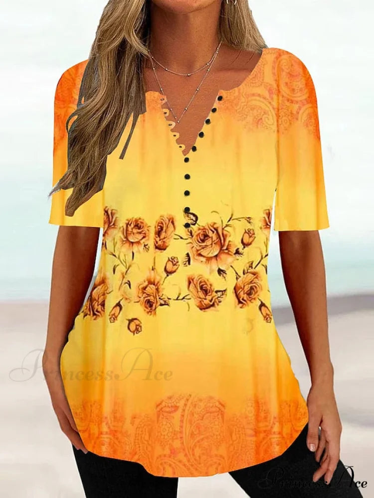 Round Yellow Button Brief Tee Arm Women’s Weekend shirt Basic Neck Festive Regular Design Tunic Flowered Pink White T