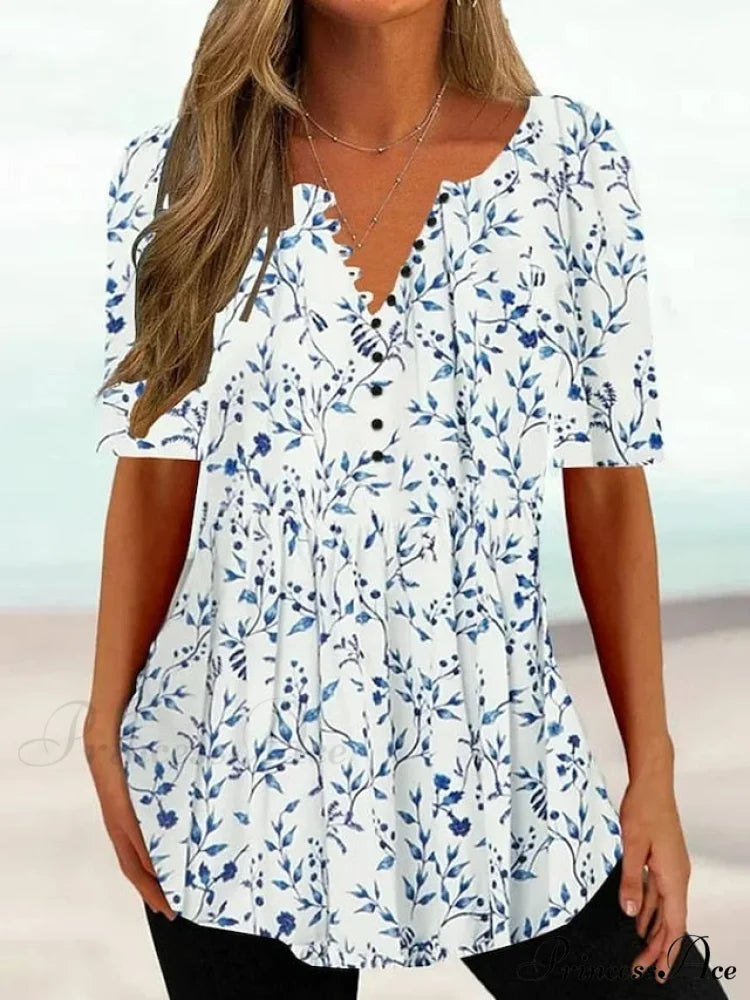 Round Yellow Button Brief Tee Arm Women’s Weekend shirt Basic Neck Festive Regular Design Tunic Flowered Pink White T