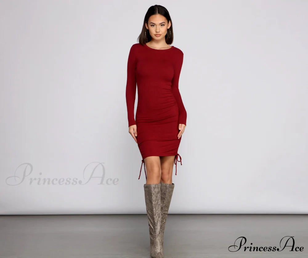 Ruched And Ribbed Knit Graceful Crew Neck Mini Dress