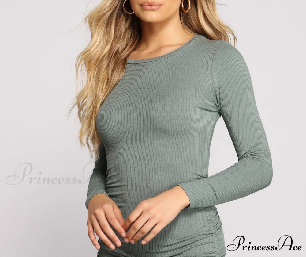 Ruched And Ribbed Knit Graceful Crew Neck Mini Dress