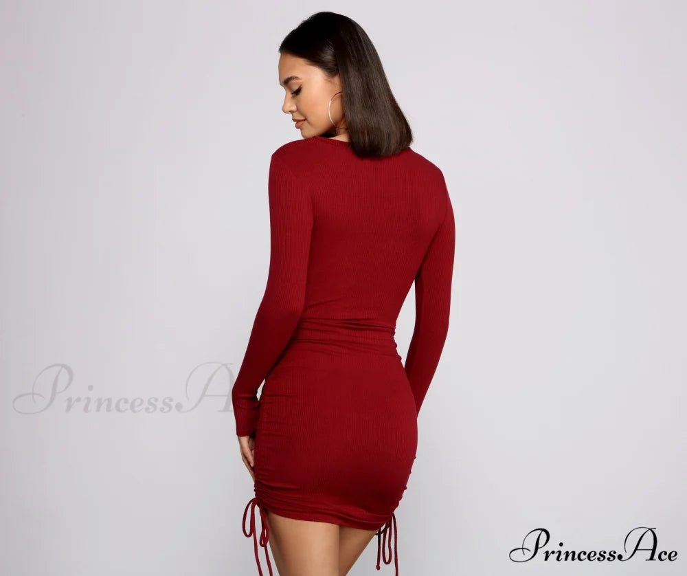 Ruched And Ribbed Knit Graceful Crew Neck Mini Dress