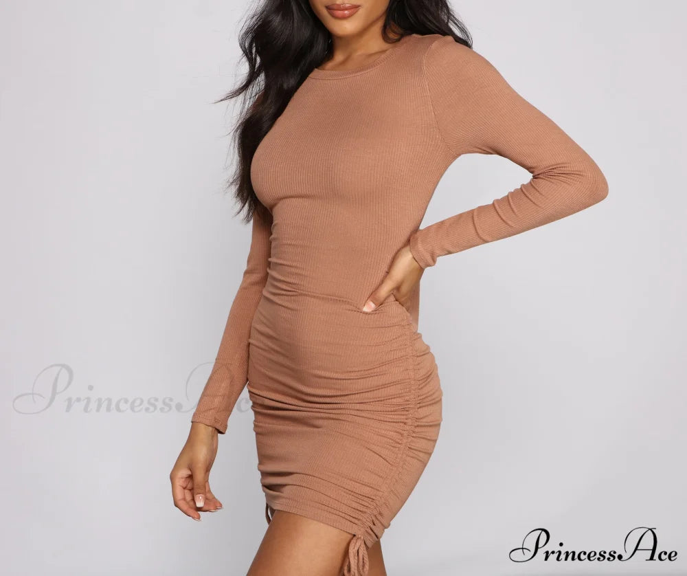 Ruched And Ribbed Knit Graceful Crew Neck Mini Dress