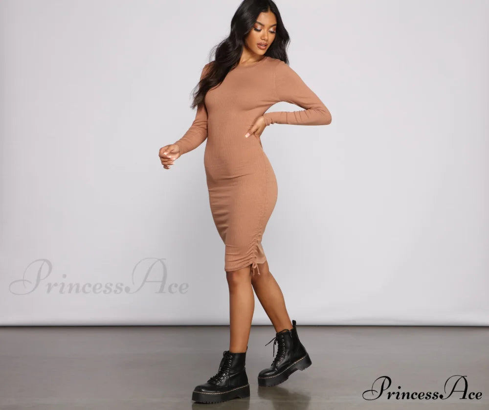 Ruched And Ribbed Knit Graceful Crew Neck Mini Dress
