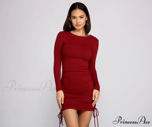 Ruched And Ribbed Knit Graceful Crew Neck Mini Dress BURGUNDY / XS