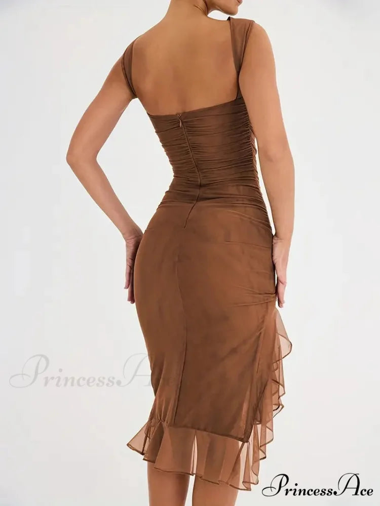 Ruched Backless Bodycon Dress with Ruffle Hem M / Brown