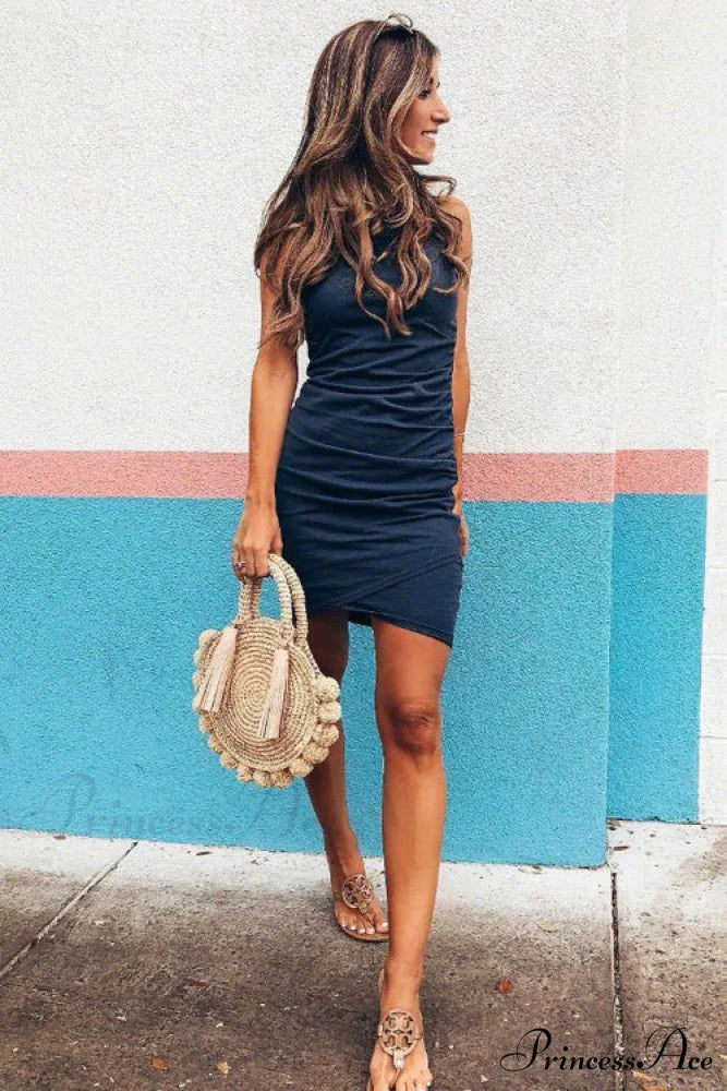 Ruched Bodycon T-Shirt Dress in Black S / Navy