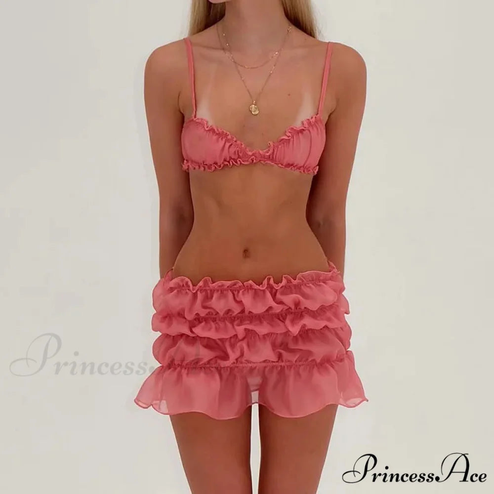 Ruched Bralette and Low Graceful Waist Mini Skirt Set