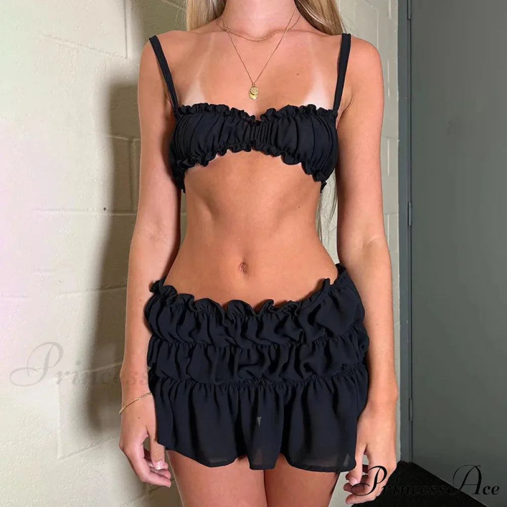 Ruched Bralette and Low Graceful Waist Mini Skirt Set Black / M