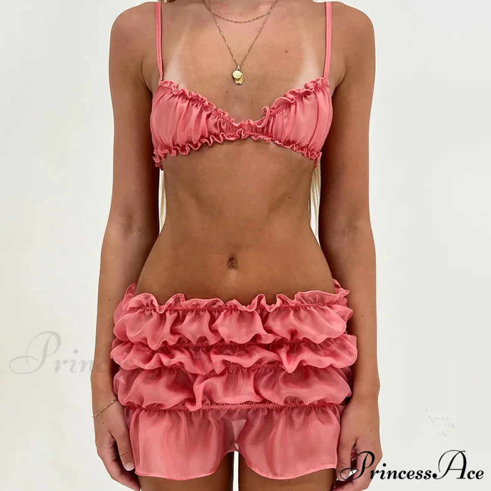 Ruched Bralette and Low Graceful Waist Mini Skirt Set Pink / M