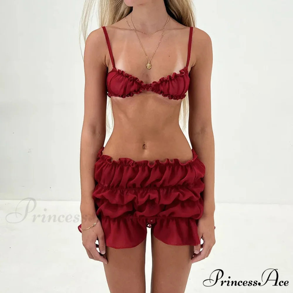Ruched Bralette and Low Graceful Waist Mini Skirt Set Red / M