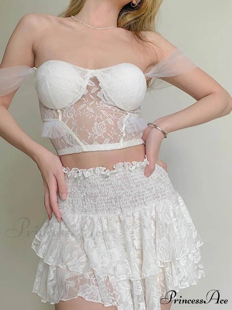 Ruched Cascading Ruffle Mini Skirt white / S