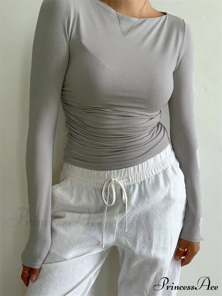 Ruched Casual Slim Fit Pullovers Long Sleeve T-Shirts GREY / S