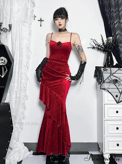 Ruched Cold Shoulder Spaghetti Strap Fishtail Long Retro 3D Rose Flower Red Wedding Party Dress Red / S