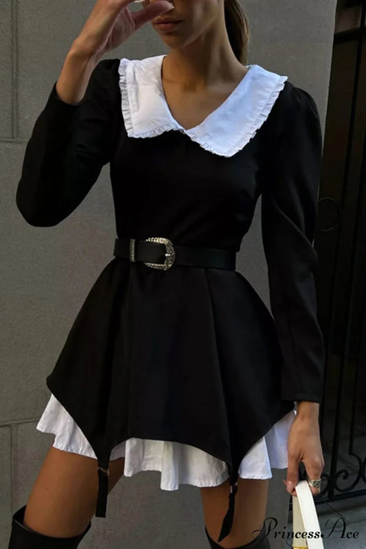 Ruched Fake Two-Pieces Dress with Doll Collar Black / M
