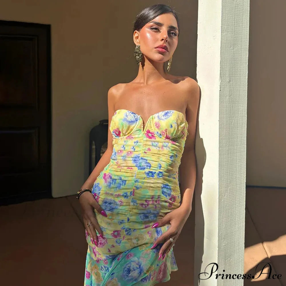 Ruched Floral Print Maxi Dress YELLOW / S