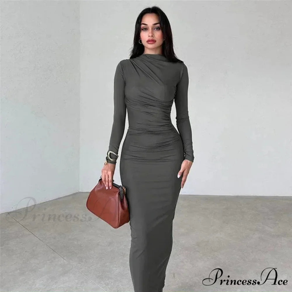Ruched Long Bodycon Maxi Dress dark grey / S
