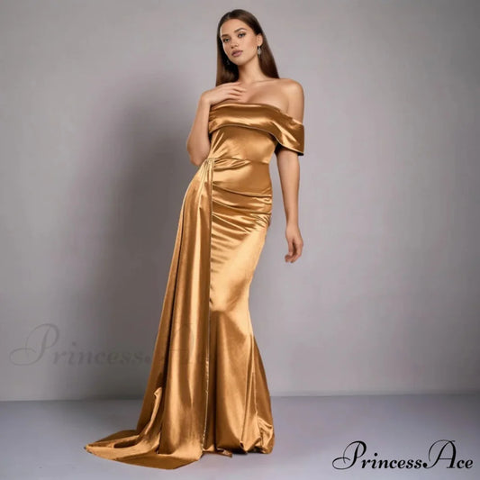 Ruched Long Satin Party Dress Gold / XS