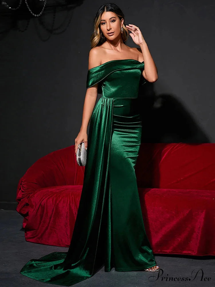 Ruched Long Satin Party Dress Green / XS
