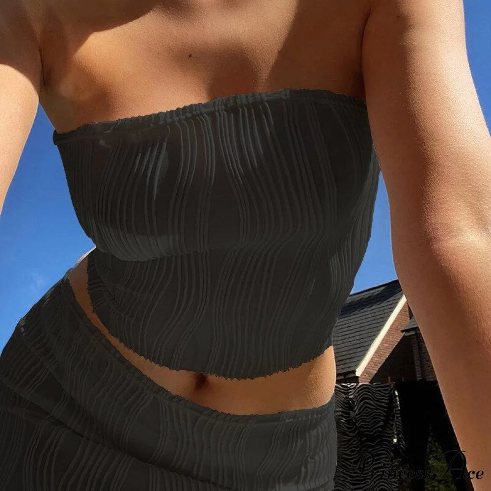 Ruched Long Sleeve T Shirts Black tube top / S