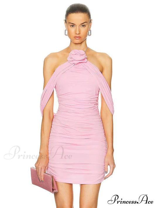 Ruched Off-shoulder Black Party Dress Pink / XS