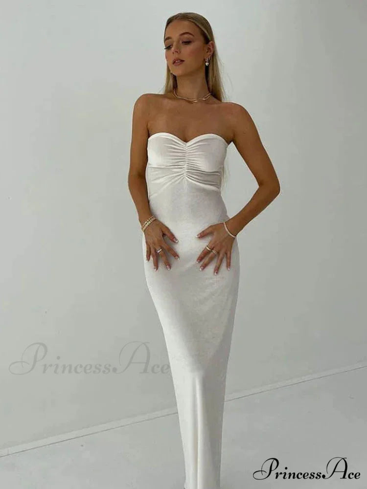Ruched Off Shoulder Maxi Dress WHITE / S