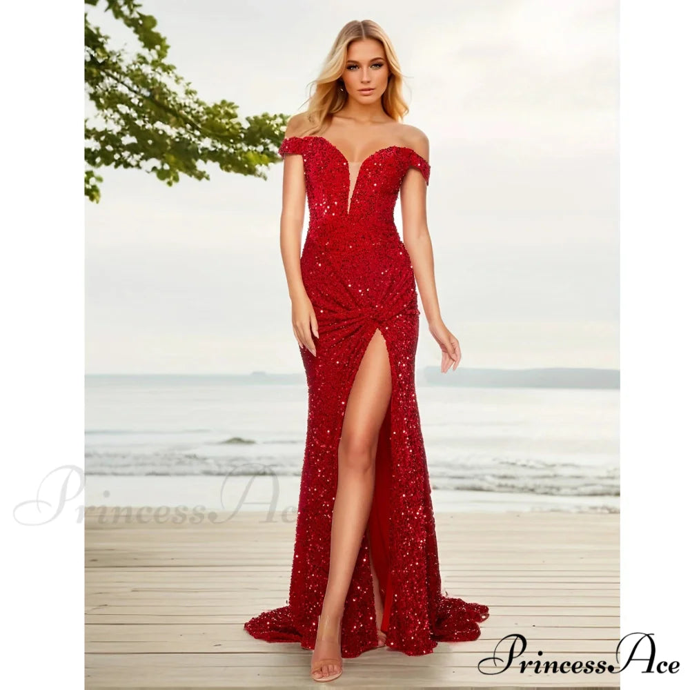 Ruched Off-Shoulder Sequin Party Dress Red / S