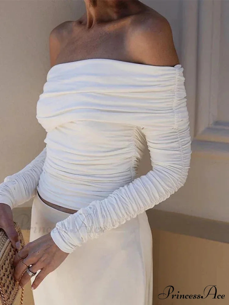 Ruched Off-Shoulder Stylish Long Sleeve Top S / White