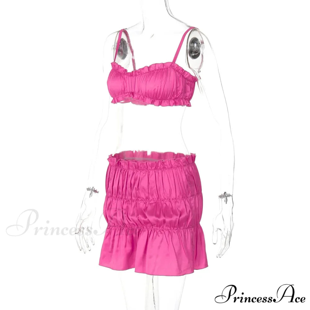 Ruched Satin Bralette Charming And Mini Skirt Set