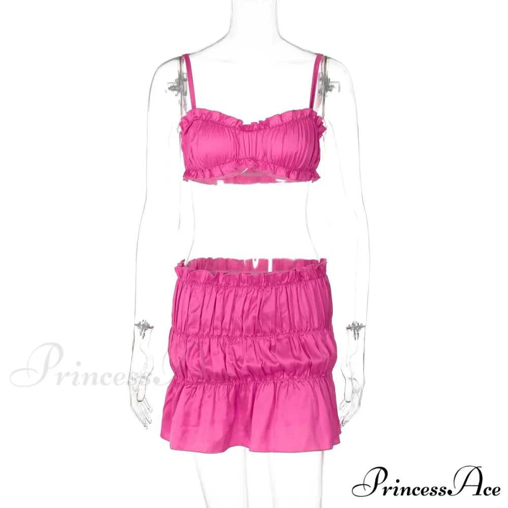Ruched Satin Bralette Charming And Mini Skirt Set