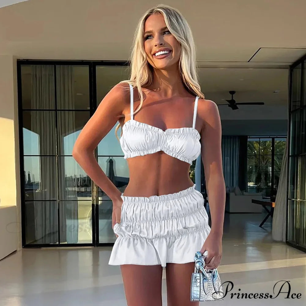 Ruched Satin Bralette Charming And Mini Skirt Set White / L