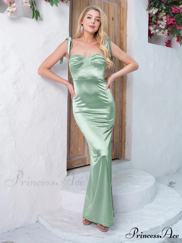 Ruched Satin Maxi Party Dress Sage Green / 6