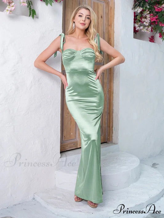 Ruched Satin Maxi Party Dress Sage Green / 6