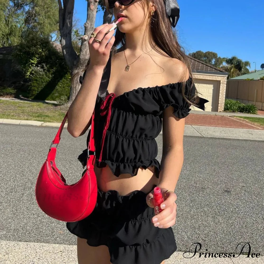 Ruched Short Sleeve Bow Graceful Top And Mini Skirt Set black / S