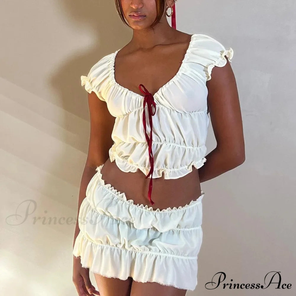 Ruched Short Sleeve Bow Graceful Top And Mini Skirt Set WHITE / S
